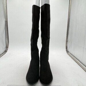 FSJ Black Knee High Collar Stacked Chunky Closed Toe Faux Suede Wide Calf Shoes